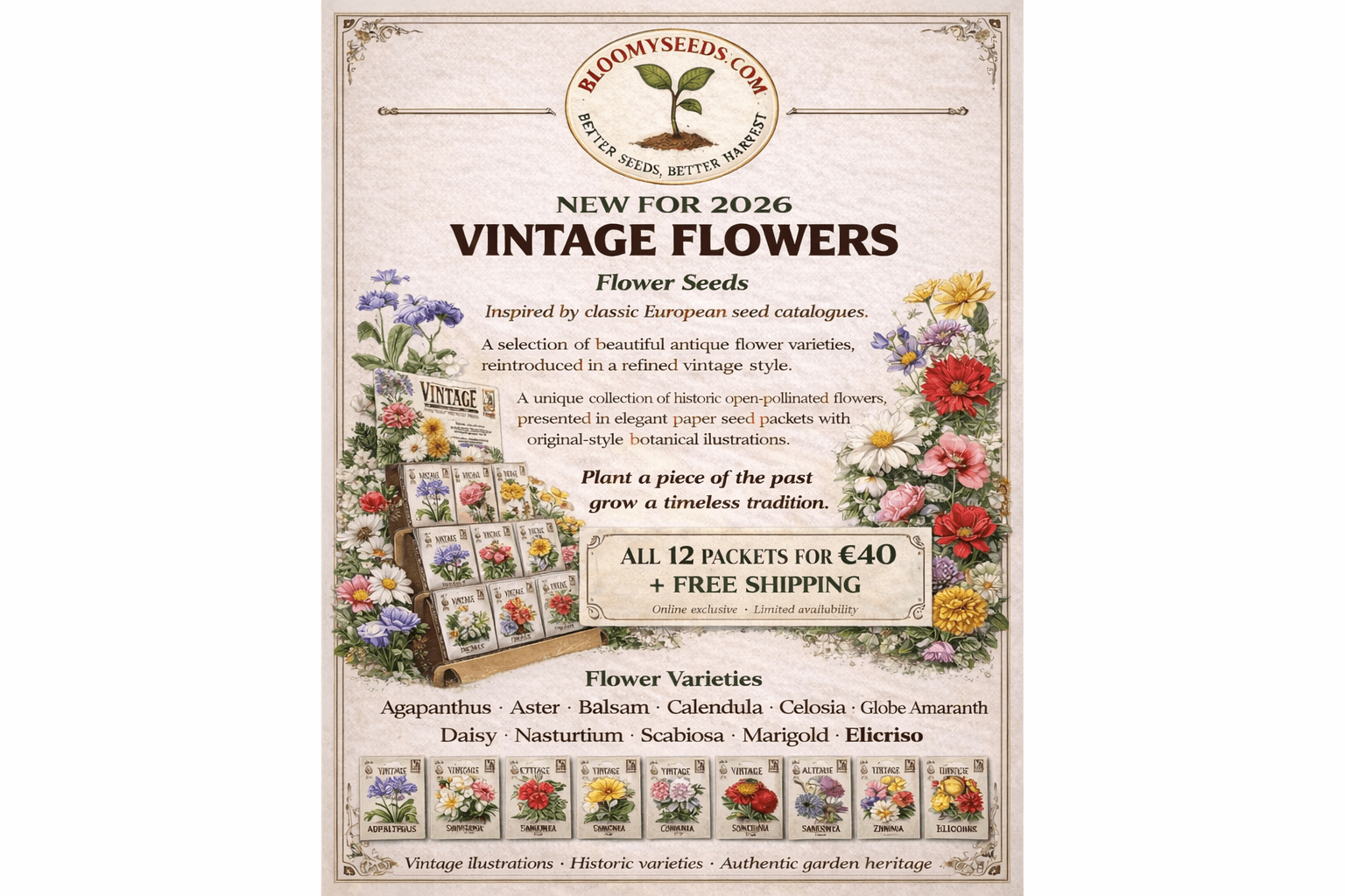 Vintage Flowers Bundle 12 Heirloom Flower Seeds Ireland